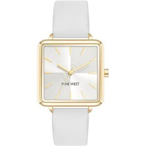Nine West Womens Strap Watch Silver Dial Gold Markers White Faux Leather